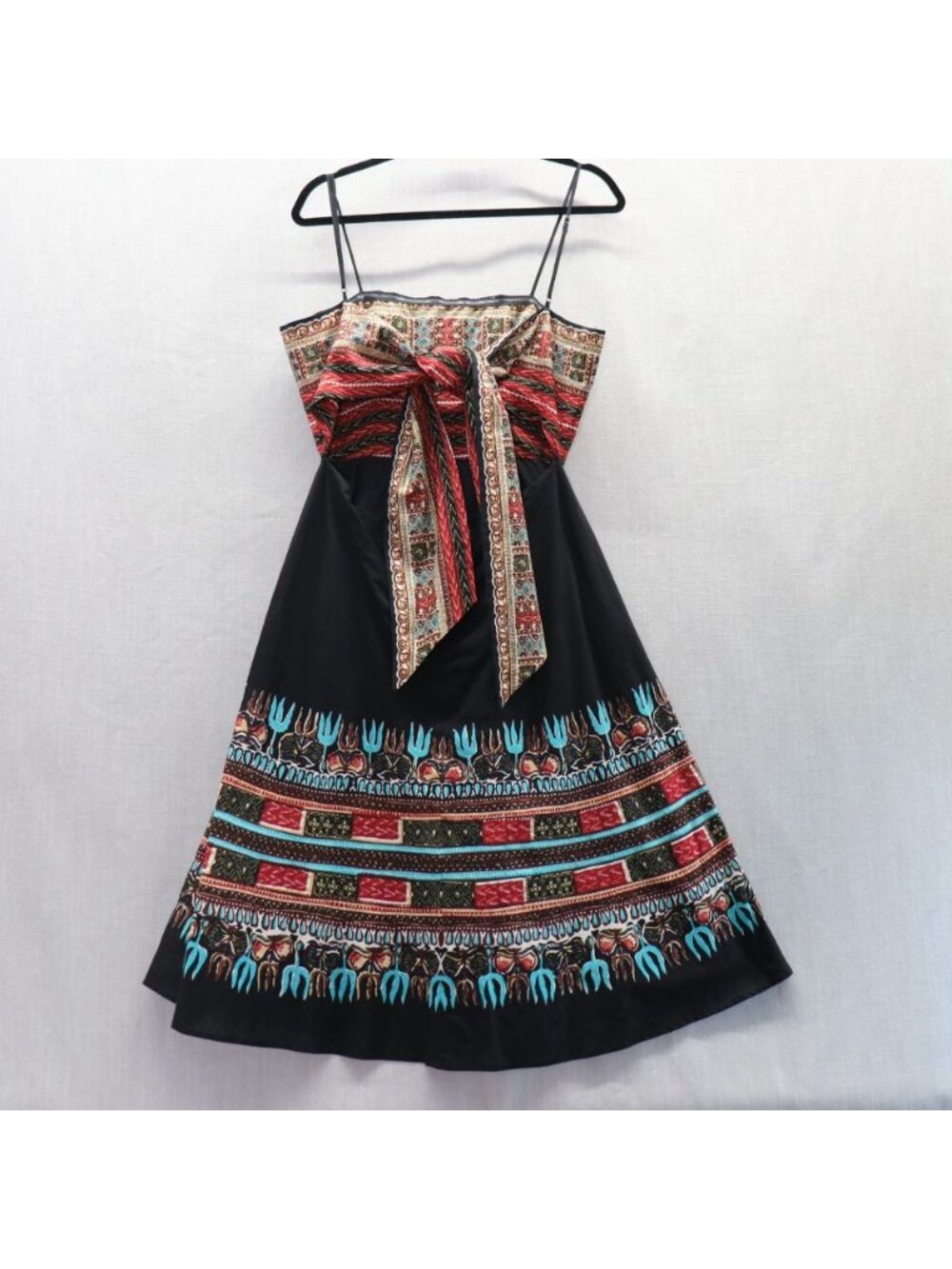 BCBG Max Azria Southwest Geo Print Tie Back Dress Black Red Medium - Picture 5 of 15